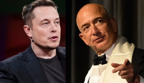 CEO Tesla / SpaceX Elon Musk, kiri, dan CEO Amazon Jeff Bezos (Foto Musk: TED via YouTube; Foto Bezos: GeekWire )